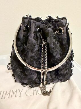 Jimmy Choo Black Floral Appliqué Drawstring Bucket Bag with Silver Ring
